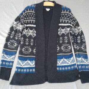 Mossimo Fair Isle Open Cardigan Sweater Blue Gray White Shawl Collar Large